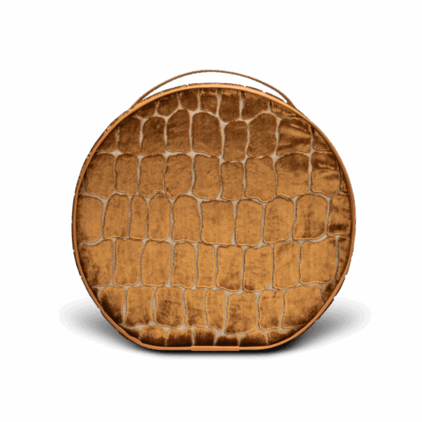 Round crocodile-embossed leather handbag in golden brown