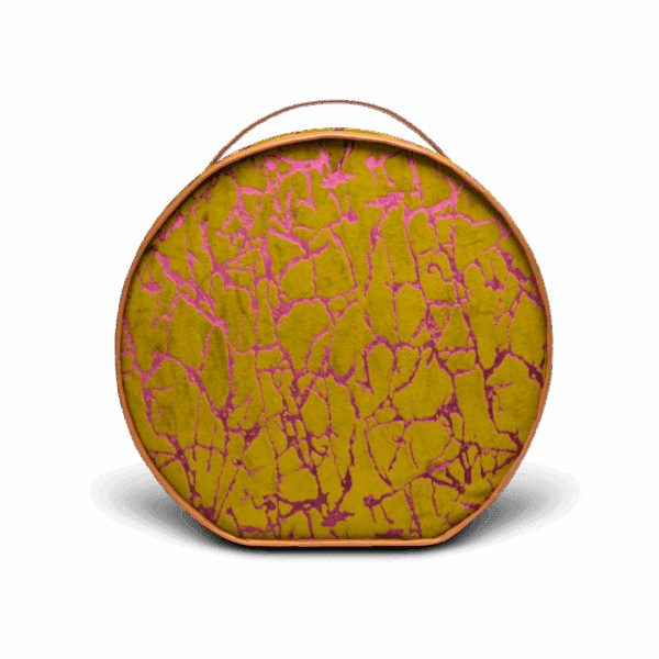 Round handbag with yellow cracked-paint design