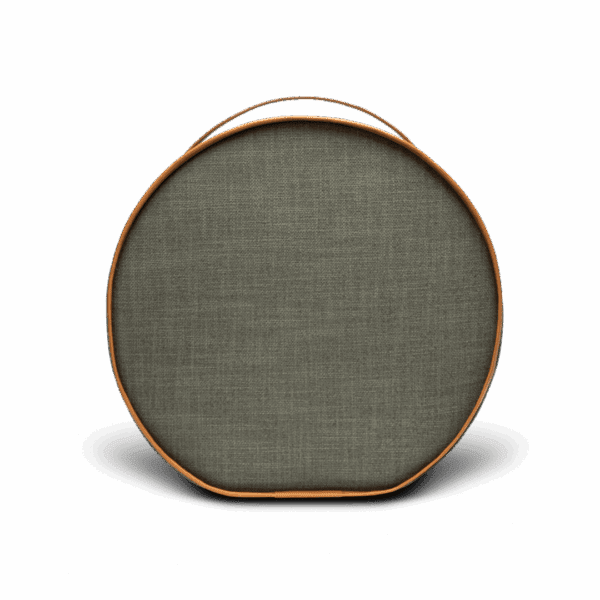 Round portable fabric speaker with leather handle