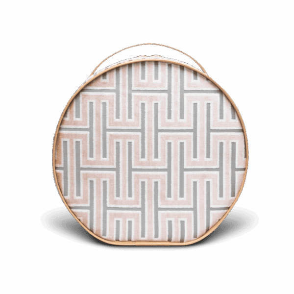Round tote bag with pink-gray geometric pattern
